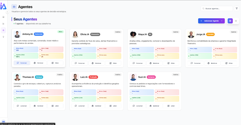 Agentes analíticos autônomos que não apenas mostram dados, mas tomam ações por você.